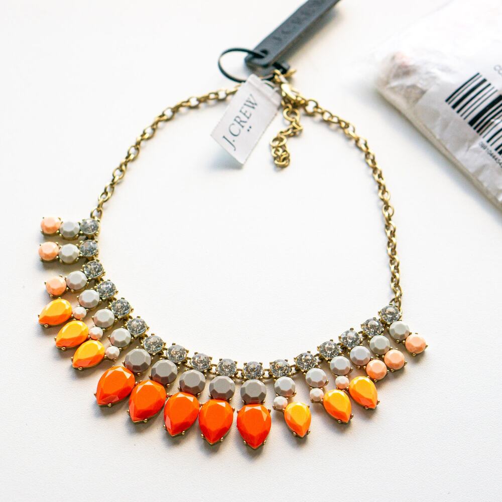 J.Crew Neon Orange Crystal Bid Statment Necklace
